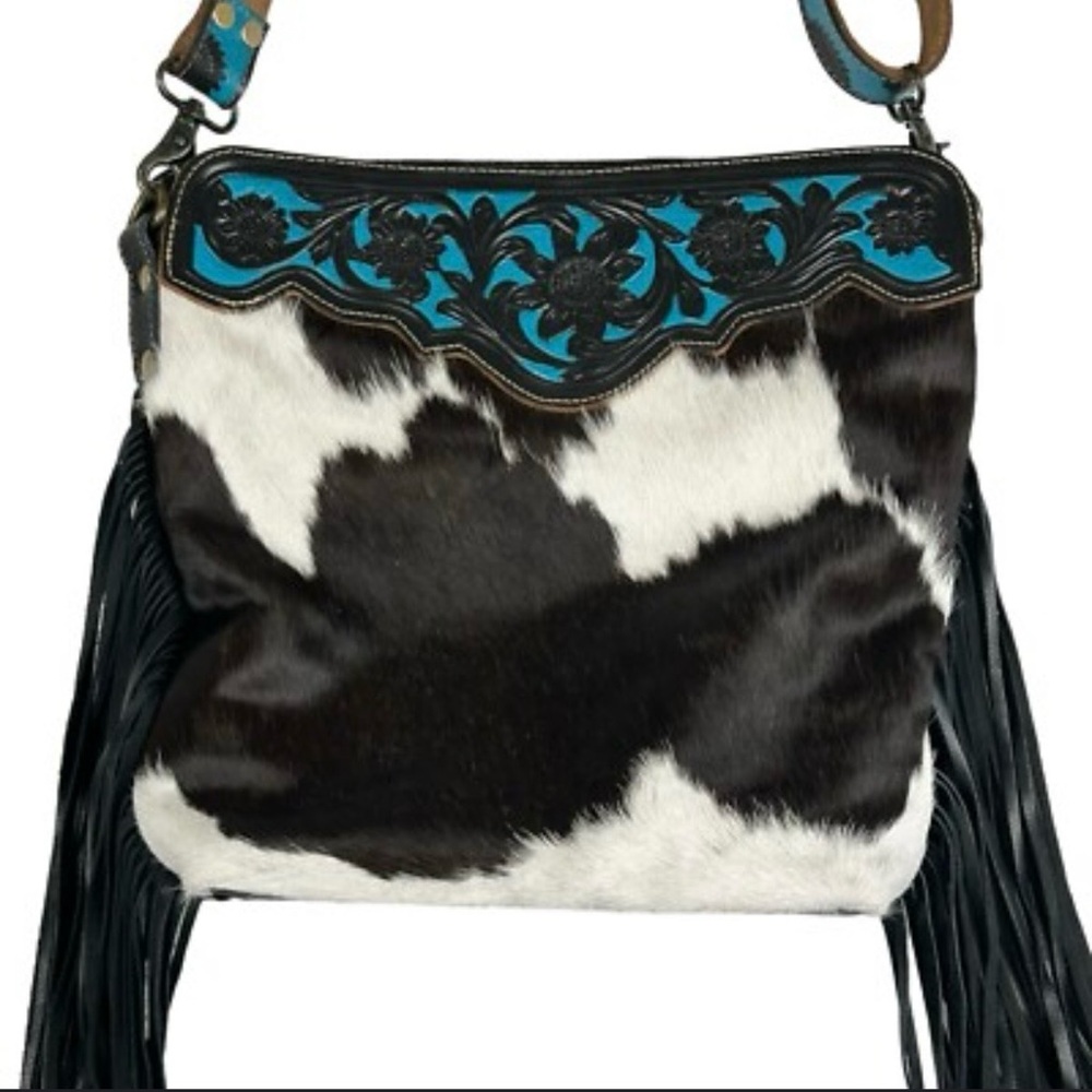 Myra Bag Cowhide Shoulder Bag with Black and Blue Details